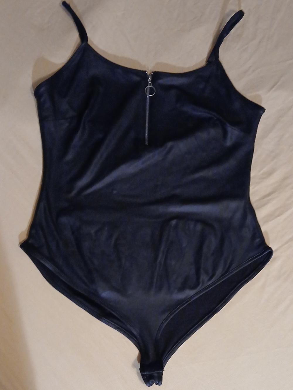 Iris Black Pleather Bodysuit with Front Zip, Snaps At Bottom